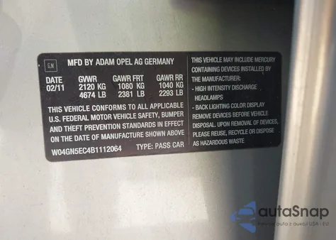 2011 Buick Regal Cxl Russelsheim from USA, damaged, VIN W04GN5EC4B1112064